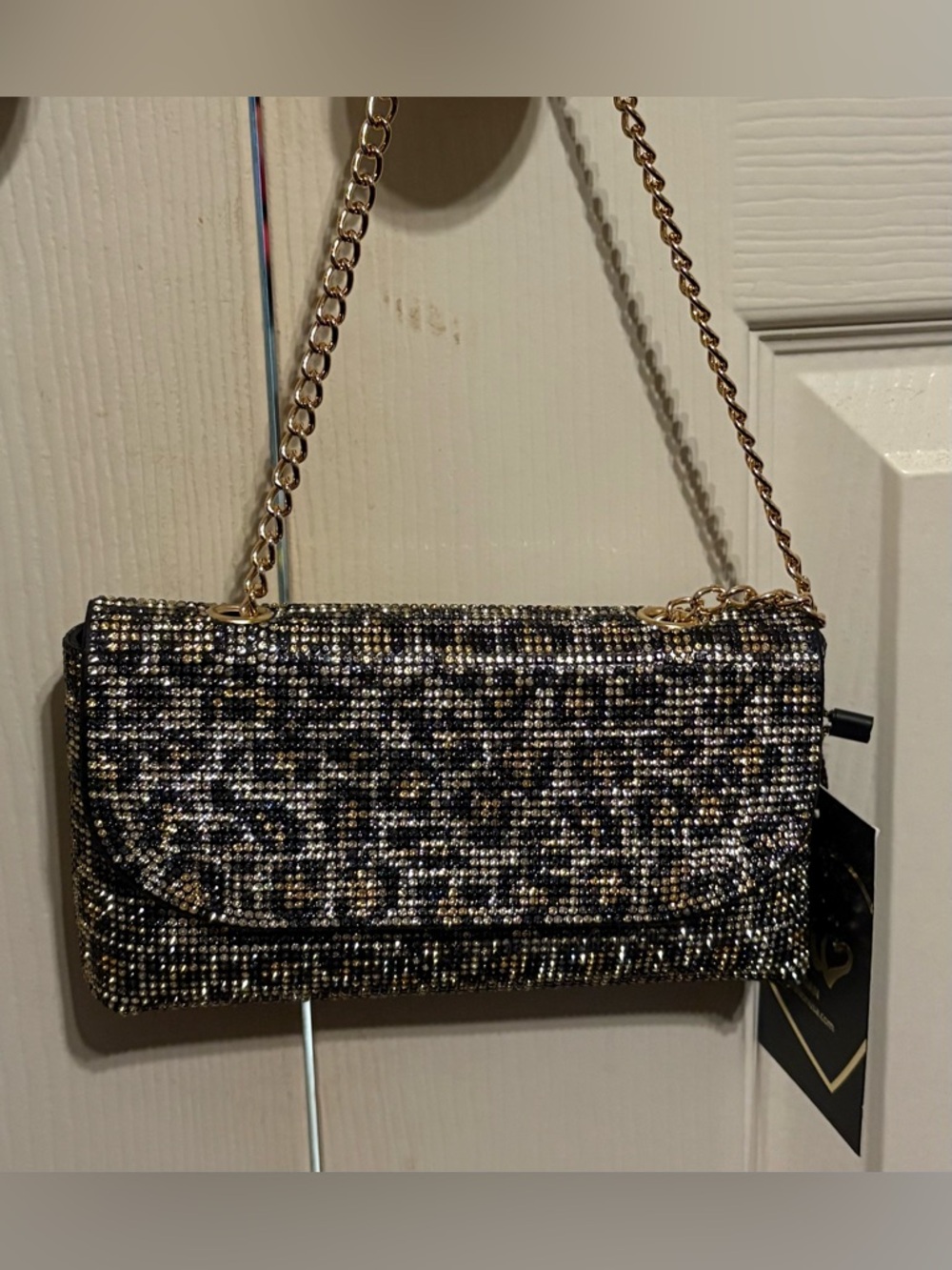 Fashion Sparkling Leopard Print Evening Clutch/Crossbody - Black & Gold